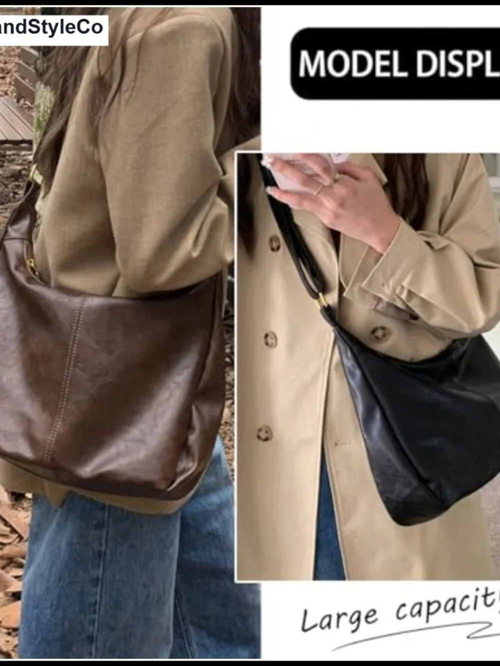Faux Leather Hobo Shoulder Bag Soft Slouchy Crossbody Tote Purse